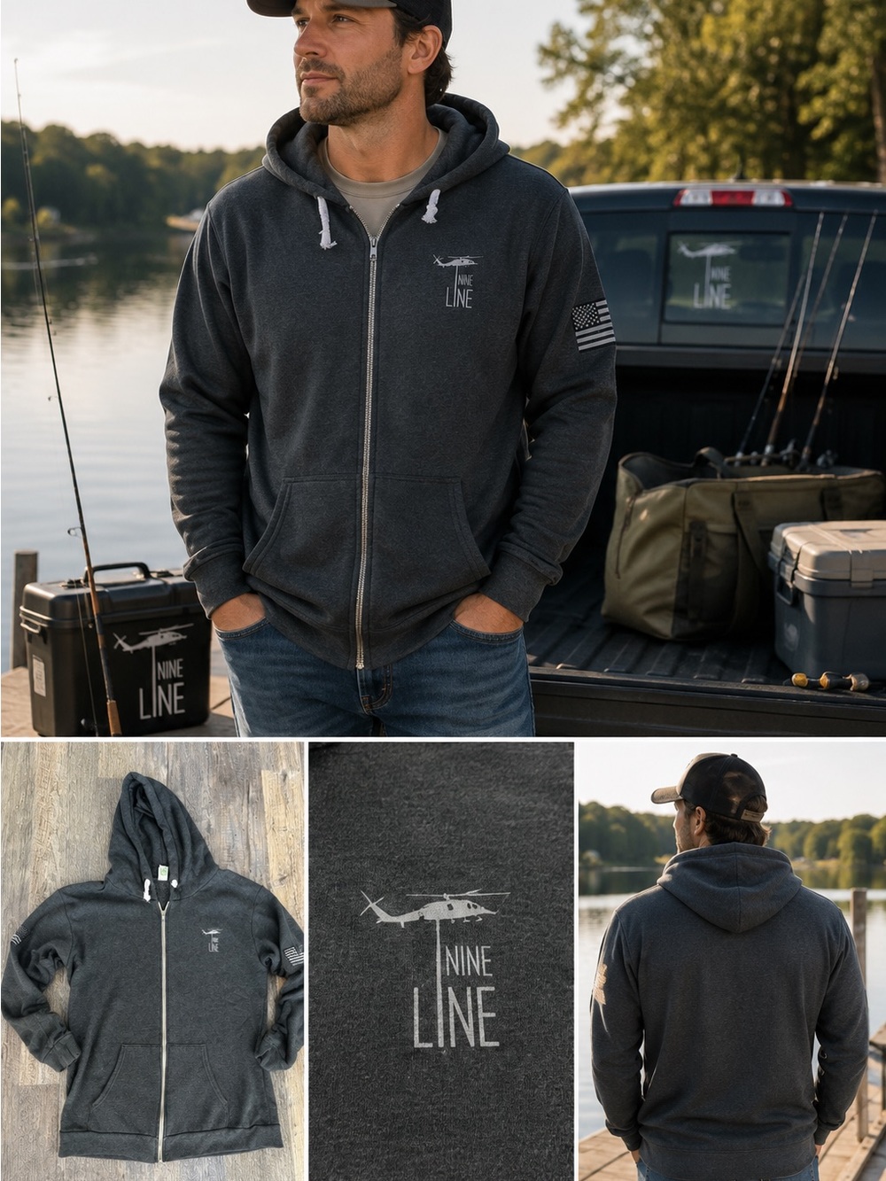 Nine Line Fishing Hoodie USA Flag Full Zip Gray Made in USA Large